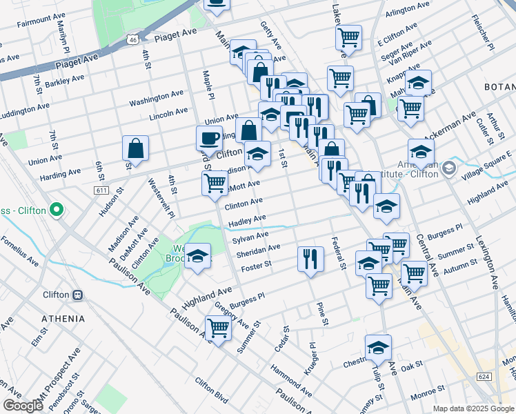 map of restaurants, bars, coffee shops, grocery stores, and more near 94 2nd Street in Clifton