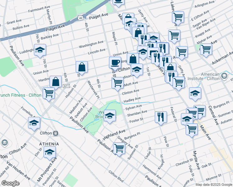 map of restaurants, bars, coffee shops, grocery stores, and more near 164 Clinton Avenue in Clifton
