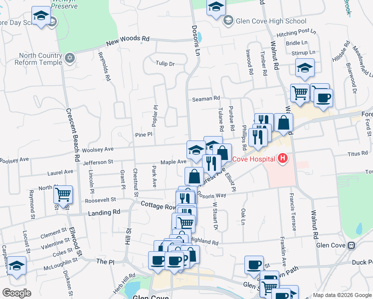 map of restaurants, bars, coffee shops, grocery stores, and more near 35 Dosoris Lane in Glen Cove