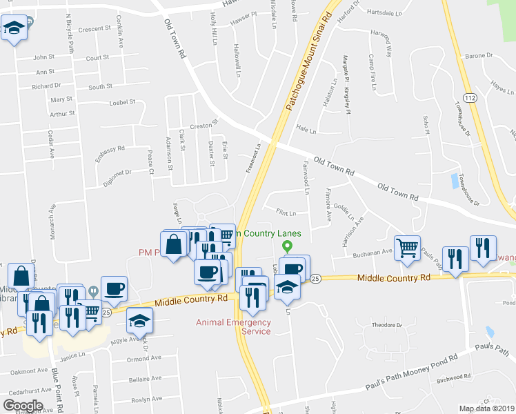 map of restaurants, bars, coffee shops, grocery stores, and more near 21 Folsom Lane in Coram