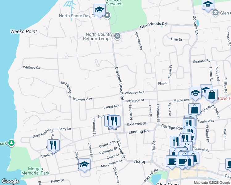 map of restaurants, bars, coffee shops, grocery stores, and more near 114 Woolsey Ave in Glen Cove