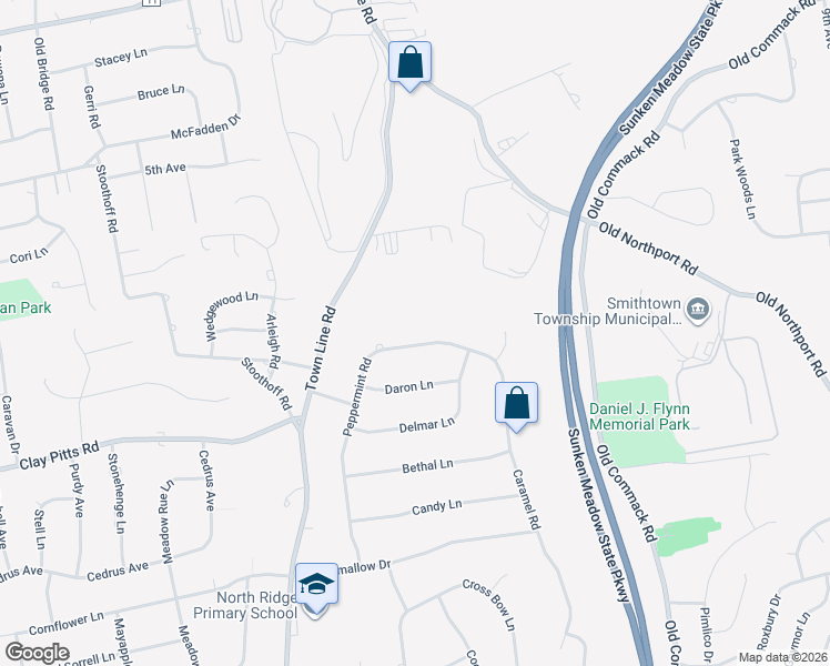 map of restaurants, bars, coffee shops, grocery stores, and more near 54 Peppermint Road in Commack