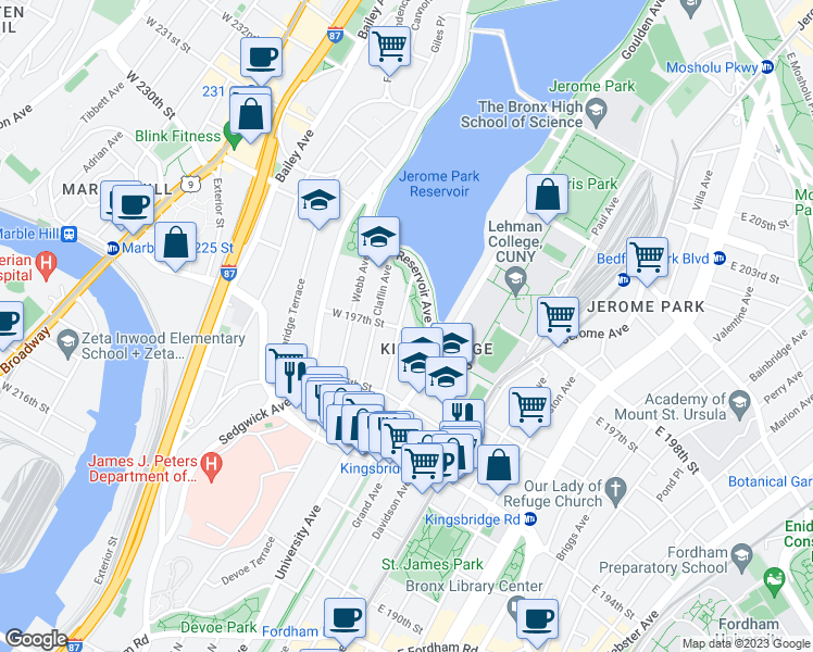 map of restaurants, bars, coffee shops, grocery stores, and more near 89 West 197th Street in Bronx
