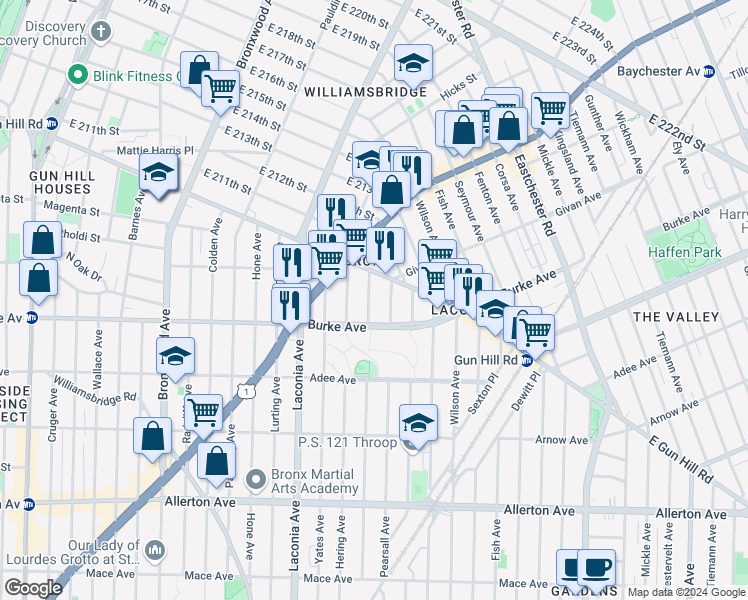 map of restaurants, bars, coffee shops, grocery stores, and more near 3228 Tenbroeck Avenue in Bronx