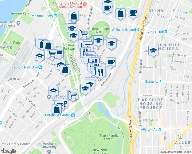 map of restaurants, bars, coffee shops, grocery stores, and more near 342 East 204th Street in Bronx