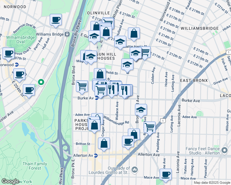 map of restaurants, bars, coffee shops, grocery stores, and more near 766 South Oak Drive in Bronx