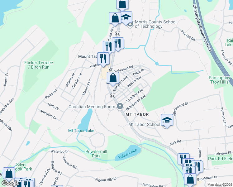 map of restaurants, bars, coffee shops, grocery stores, and more near 11 Hope Road in Parsippany-Troy Hills