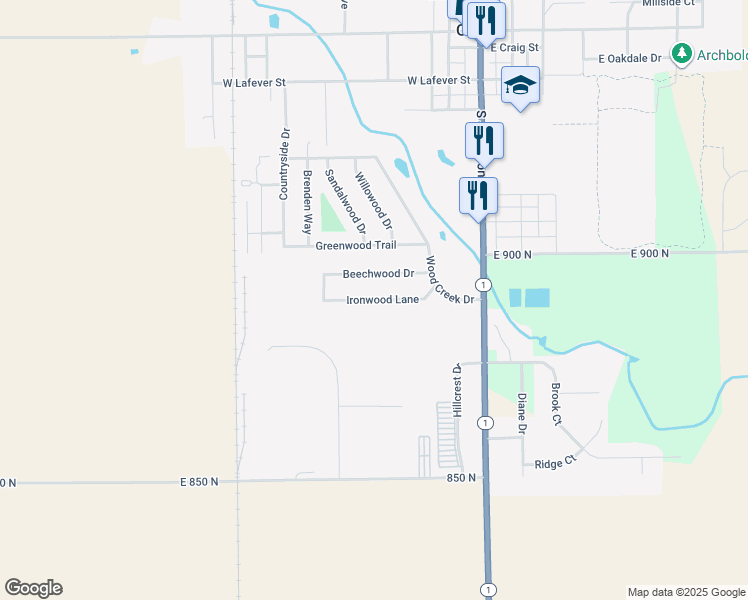 map of restaurants, bars, coffee shops, grocery stores, and more near Ironwood Lane in Ossian