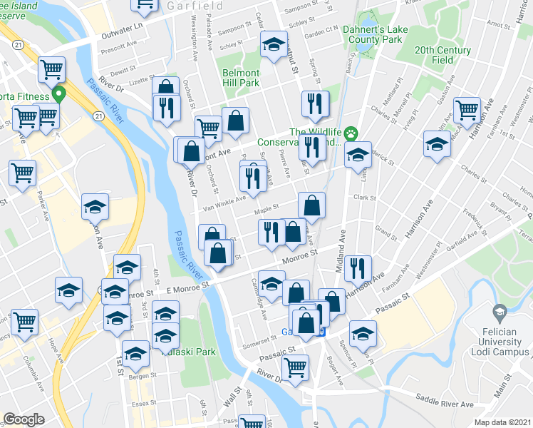 map of restaurants, bars, coffee shops, grocery stores, and more near 226 Palisade Avenue in Garfield