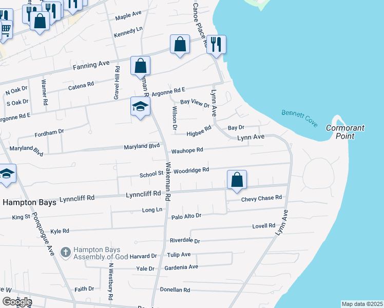 map of restaurants, bars, coffee shops, grocery stores, and more near 12 Wauhope Rd in Hampton Bays