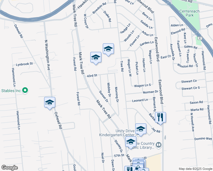 map of restaurants, bars, coffee shops, grocery stores, and more near 25 Midday Drive in Centereach