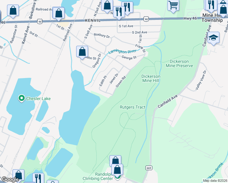 map of restaurants, bars, coffee shops, grocery stores, and more near 47 Edith Place in Mine Hill Township