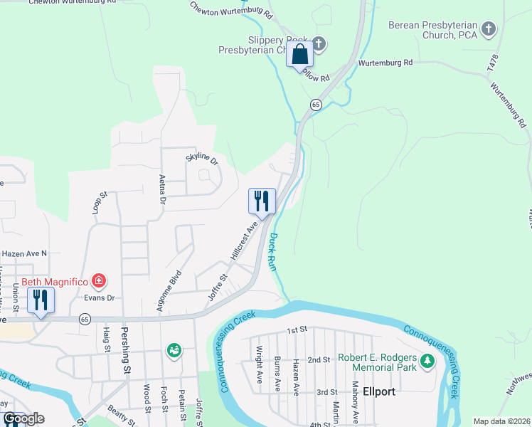 map of restaurants, bars, coffee shops, grocery stores, and more near 1044 Woodside Avenue in Ellwood City