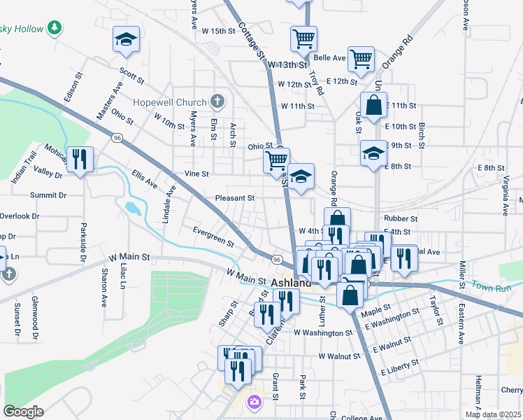 map of restaurants, bars, coffee shops, grocery stores, and more near 504 Carroll Street in Ashland