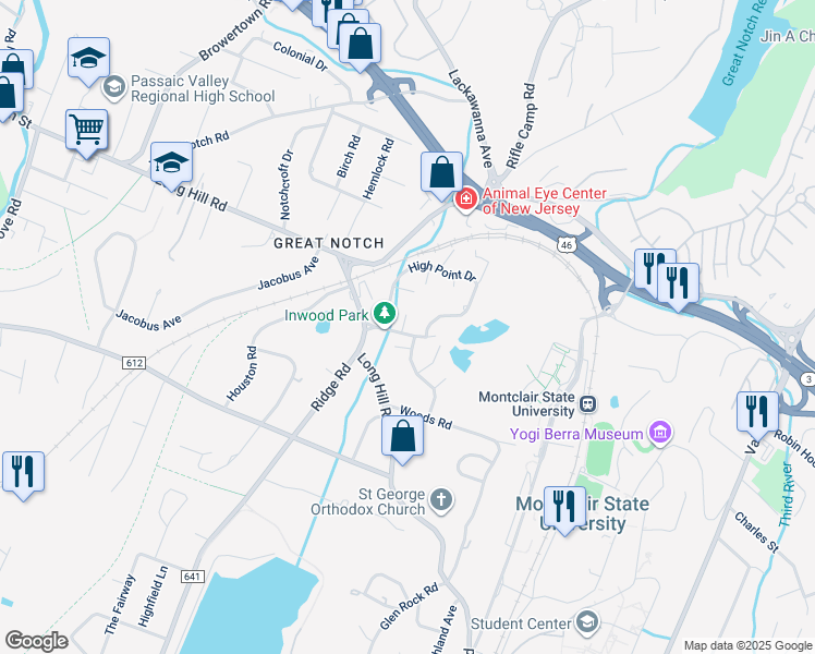 map of restaurants, bars, coffee shops, grocery stores, and more near 181 Long Hill Road in Little Falls