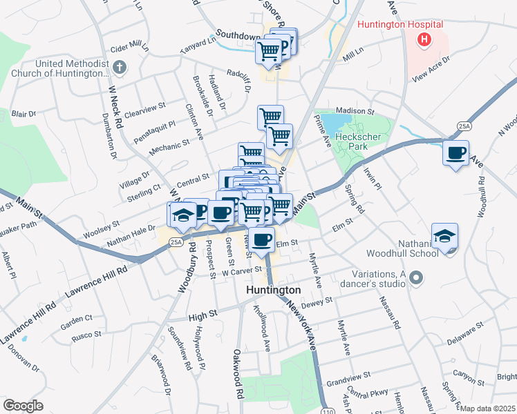 map of restaurants, bars, coffee shops, grocery stores, and more near 311 New York Avenue in Huntington