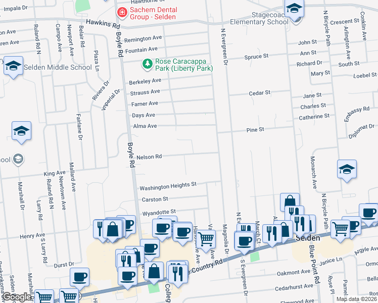 map of restaurants, bars, coffee shops, grocery stores, and more near 35 Nelson Road in Selden