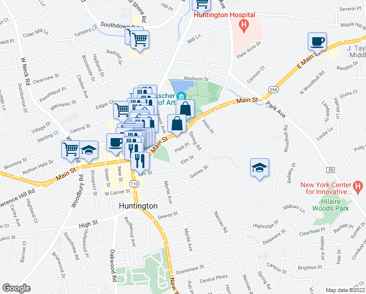 map of restaurants, bars, coffee shops, grocery stores, and more near 11 Platt Place in Huntington