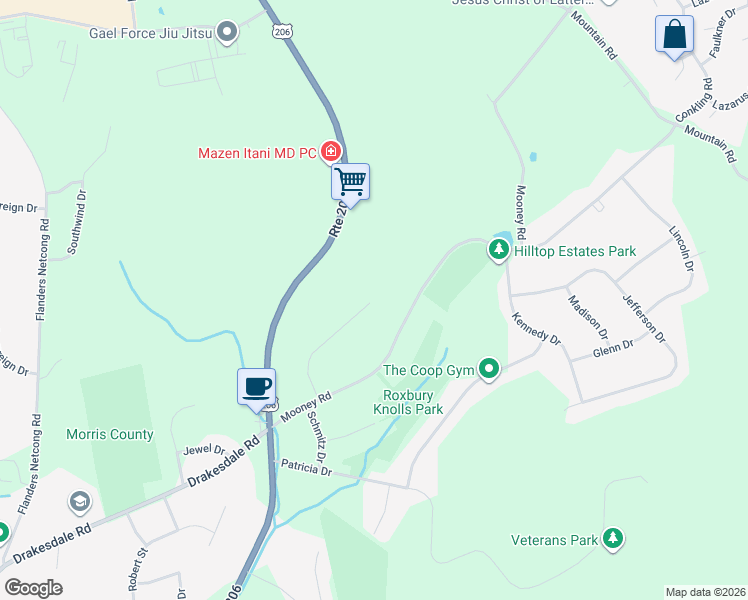map of restaurants, bars, coffee shops, grocery stores, and more near 18 Kurt Drive in Roxbury Township