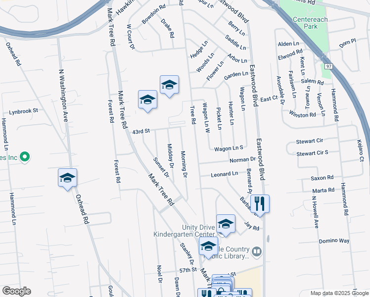 map of restaurants, bars, coffee shops, grocery stores, and more near 40 Morning Drive in Centereach