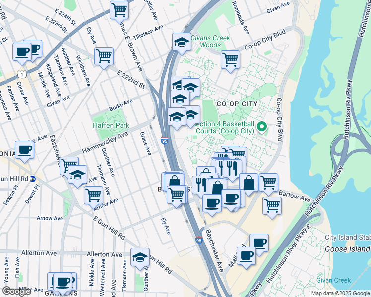 map of restaurants, bars, coffee shops, grocery stores, and more near 620 Baychester Avenue in The Bronx