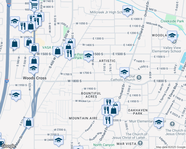 map of restaurants, bars, coffee shops, grocery stores, and more near 71 West 1700 South in Bountiful