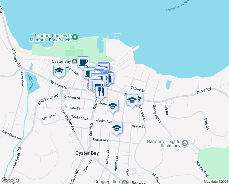 map of restaurants, bars, coffee shops, grocery stores, and more near 65 East Main Street in Oyster Bay