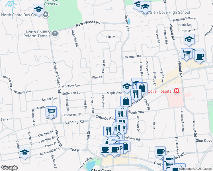 map of restaurants, bars, coffee shops, grocery stores, and more near 33 Woolsey Avenue in Glen Cove