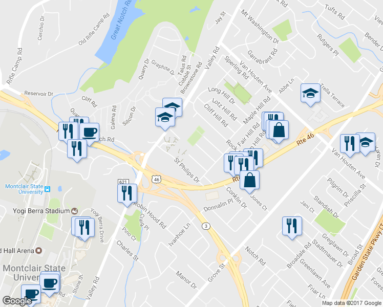 map of restaurants, bars, coffee shops, grocery stores, and more near 74 Melody Hill Road in Clifton