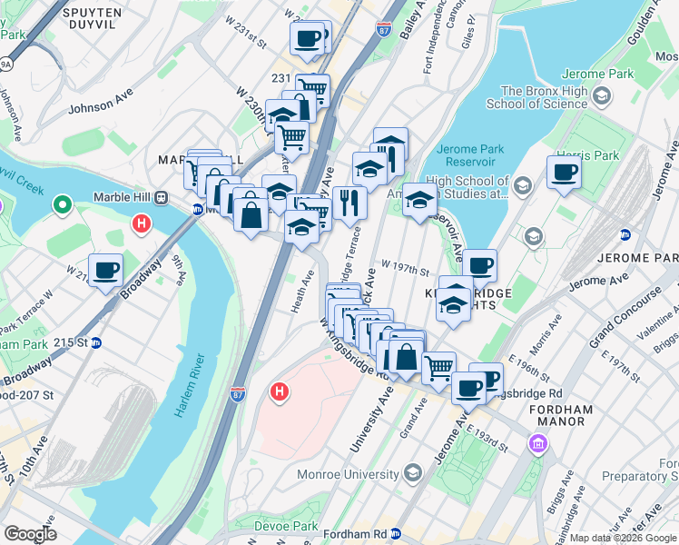 map of restaurants, bars, coffee shops, grocery stores, and more near 2739A Kingsbridge Terrace in The Bronx