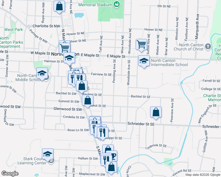 map of restaurants, bars, coffee shops, grocery stores, and more near 615 Pershing Avenue Southeast in North Canton