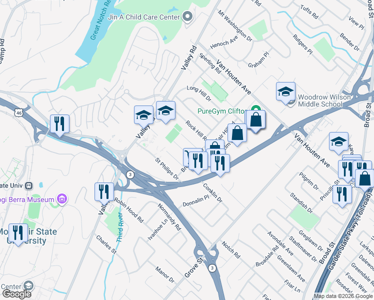 map of restaurants, bars, coffee shops, grocery stores, and more near 18 Spring Hill Road in Clifton