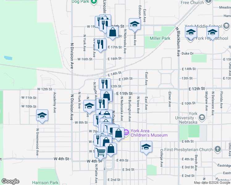 map of restaurants, bars, coffee shops, grocery stores, and more near 201 East 11th Street in York