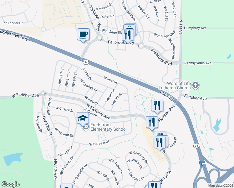 map of restaurants, bars, coffee shops, grocery stores, and more near 6207 Northwest 5th Street in Lincoln