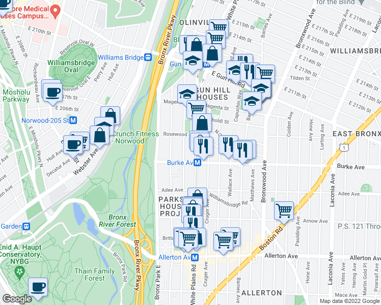 map of restaurants, bars, coffee shops, grocery stores, and more near 3225 White Plains Road in Bronx