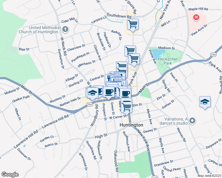 map of restaurants, bars, coffee shops, grocery stores, and more near in Huntington