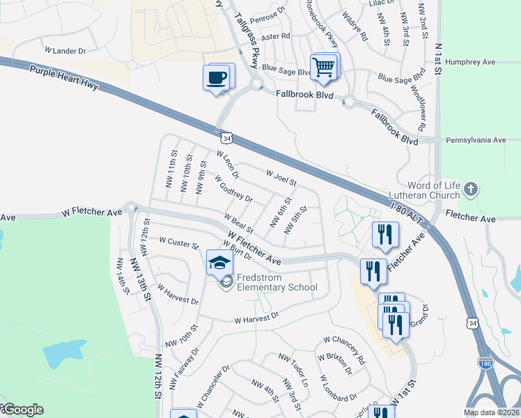 map of restaurants, bars, coffee shops, grocery stores, and more near 6130 Northwest 7th Street in Lincoln