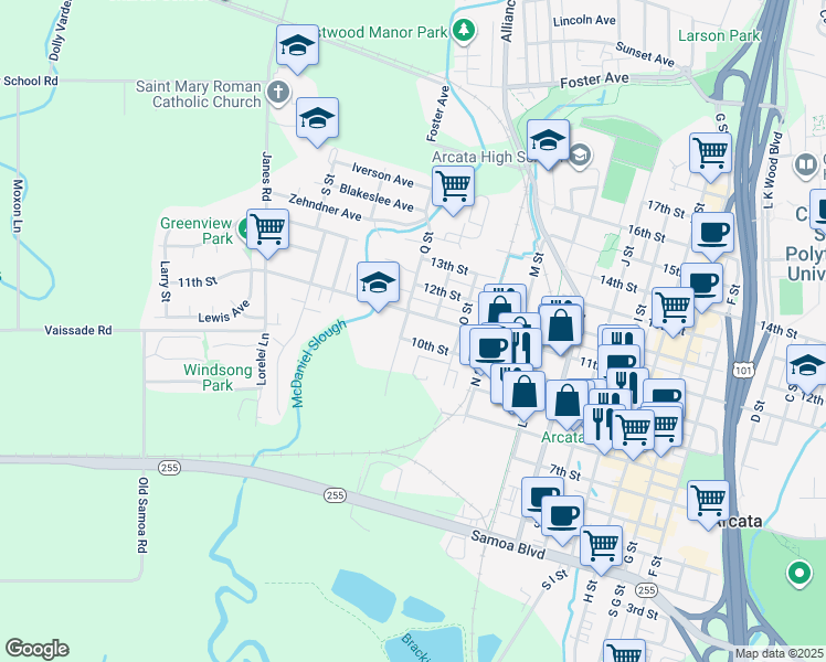 map of restaurants, bars, coffee shops, grocery stores, and more near 1604 10th Street in Arcata