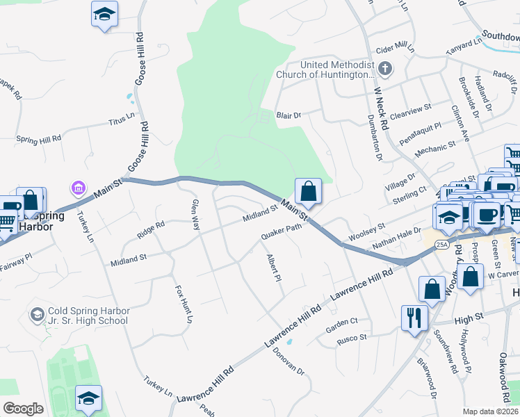 map of restaurants, bars, coffee shops, grocery stores, and more near 29 Midland Street in Cold Spring Harbor