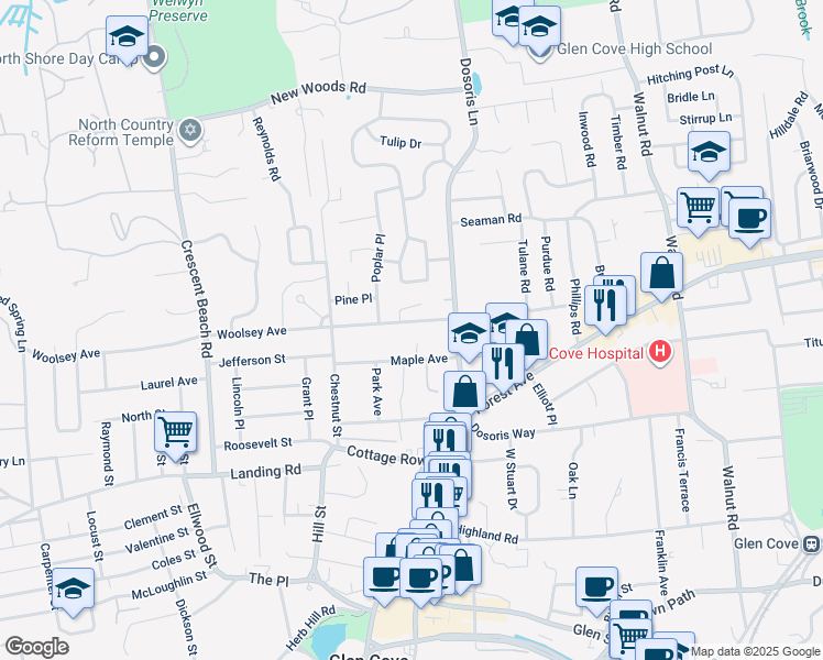 map of restaurants, bars, coffee shops, grocery stores, and more near 19 Woolsey Avenue in Glen Cove