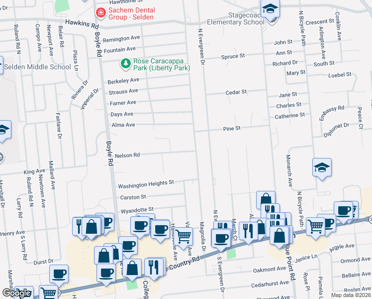 map of restaurants, bars, coffee shops, grocery stores, and more near 9 Nelson Road in Selden