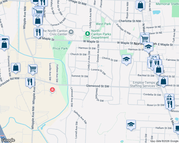 map of restaurants, bars, coffee shops, grocery stores, and more near 510 Lindy Lane Avenue Southwest in North Canton