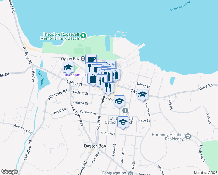 map of restaurants, bars, coffee shops, grocery stores, and more near 123 South Street in Oyster Bay