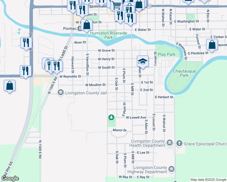 map of restaurants, bars, coffee shops, grocery stores, and more near 403 West Lincoln Street in Pontiac