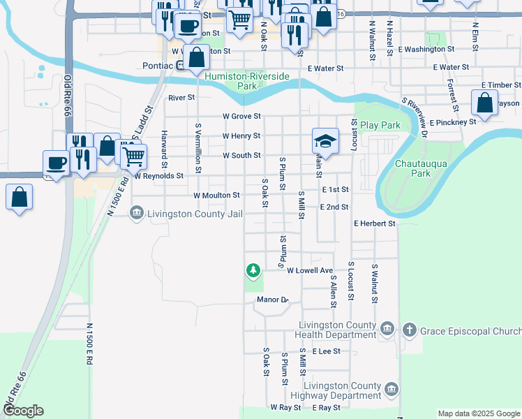 map of restaurants, bars, coffee shops, grocery stores, and more near 403 West Lincoln Street in Pontiac