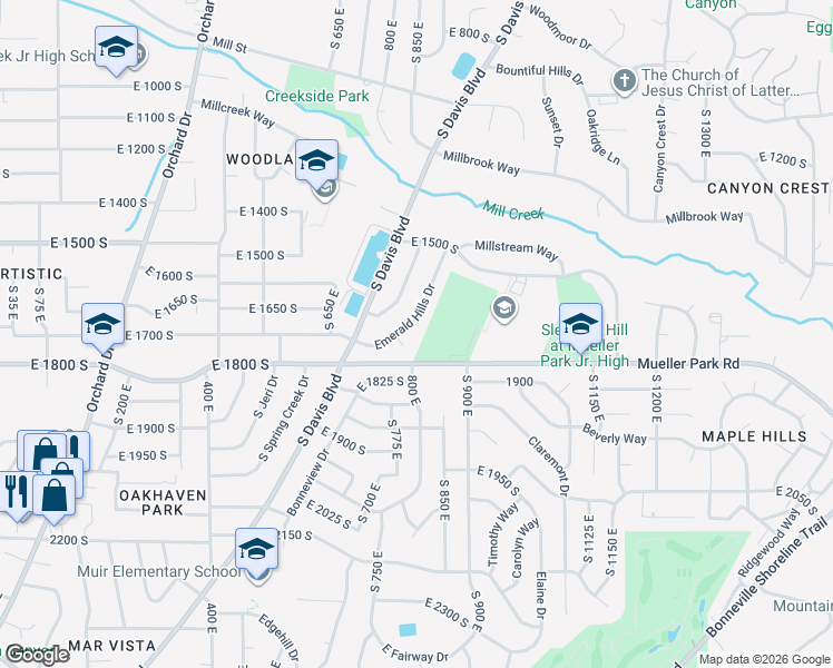 map of restaurants, bars, coffee shops, grocery stores, and more near 808 Emerald Hills Drive in Bountiful