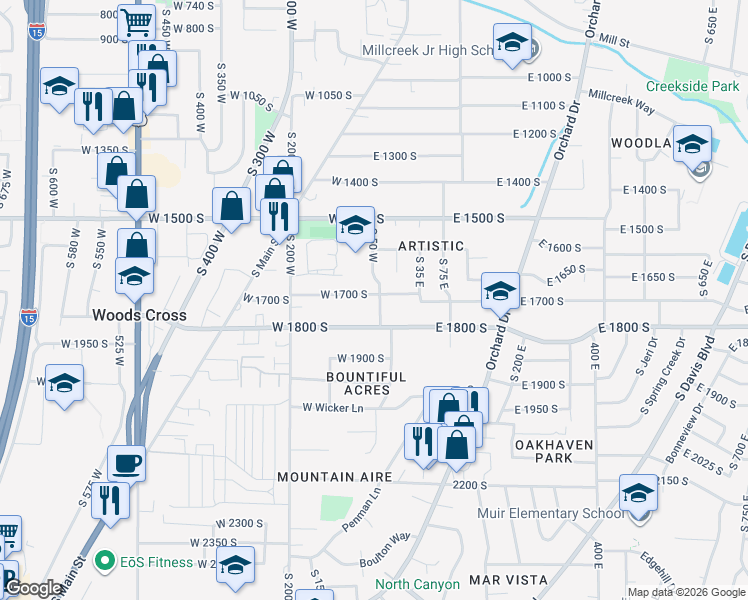 map of restaurants, bars, coffee shops, grocery stores, and more near 71 West 1700 South in Bountiful