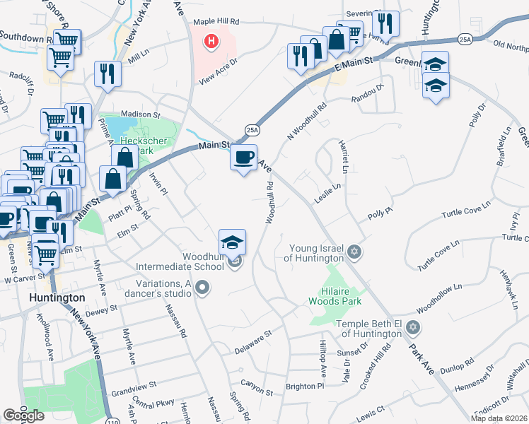 map of restaurants, bars, coffee shops, grocery stores, and more near 168 Woodhull Road in Huntington