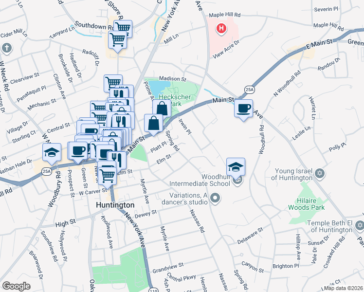 map of restaurants, bars, coffee shops, grocery stores, and more near 37 Spring Road in Huntington