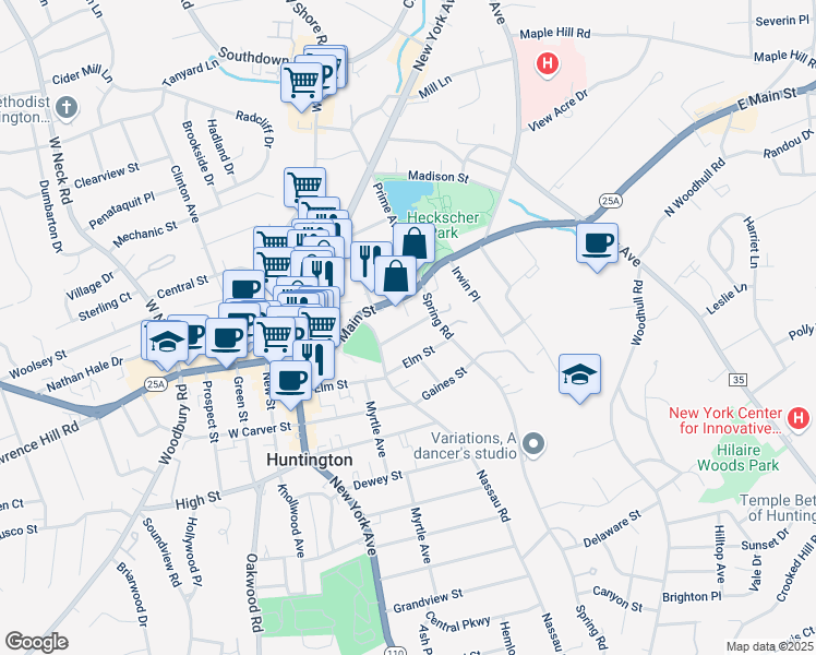 map of restaurants, bars, coffee shops, grocery stores, and more near 11 Platt Place in Huntington